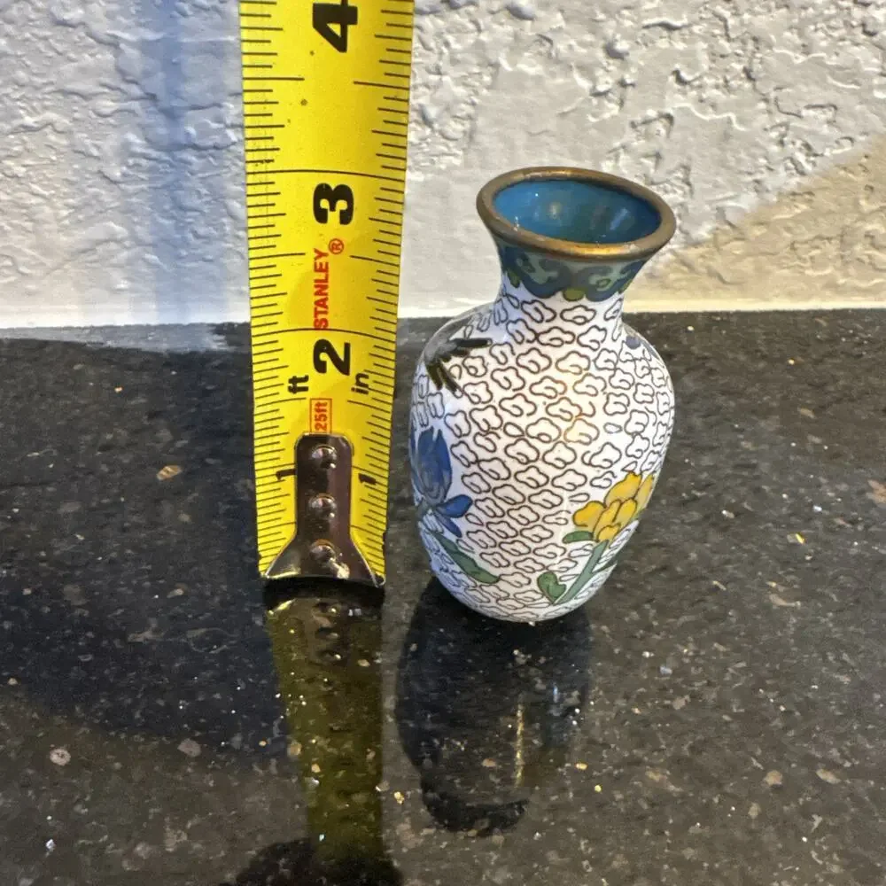 VTG Chinese Cloisonné Floral Bird Enamel Brass Mini Vase White Purple Yellow